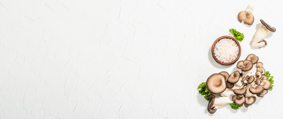 Fresh oyster mushrooms with parsley and sea salt. Healthy ingredient for cooking vegan food