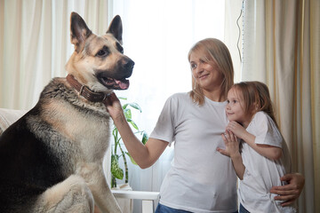 Obraz premium Happy loving family with mother, daughter and big dog in living room. Pet chephers, woman mom and small child girl who is afraid of a dog taken from shelter