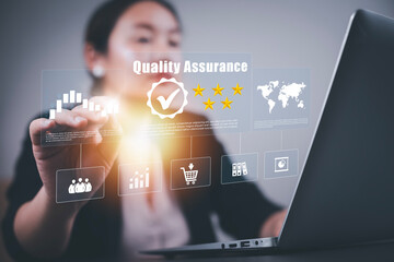 Quality assurance of business services, Smartphone shows the sign of service and ISO certification, the Quality certificate is compliant, and the Check mark symbol represents standard quality control.