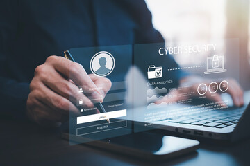 Cyber security and Security password login online concept  Hands typing and entering username and password of social media, log in with smartphone to an online bank account, data protection hacker