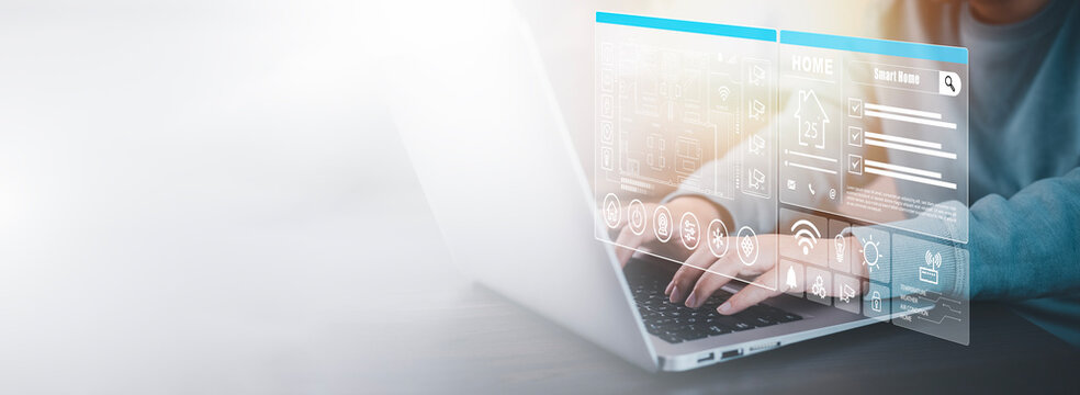 Hand using AI smart tablet with smart home app on the room, circular interface of the smart home automation assistant on the virtual screen and user touches the button, smart home digital interface