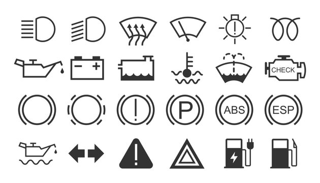 Car dashboard icon set. Vehicle service and warning symbol light sign collection. Vector illustration image.