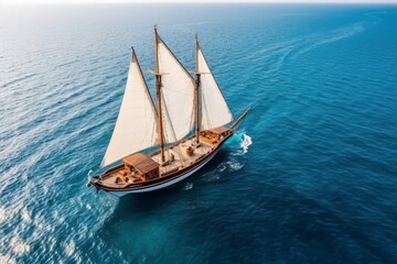 Fototapeta premium Aerial view of a private yacht sailing on calm waters, representing the luxurious and extravagant lifestyle. Generative AI