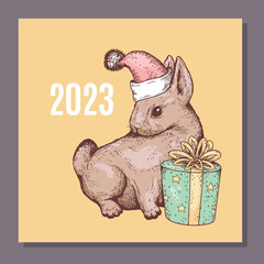 Christmas and New Year card or poster template with rabbit, vector illustration.