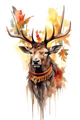 A watercolor painting of a deer"s head. Generative AI. Tribal native american spirit illustration.