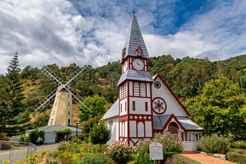 Fototapeta na wymiar Old St Peters Church in Founders Heritage Park in Nelson, New Zealand