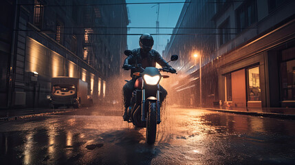 City Downpour Cruise: Riding a Touring Motorcycle Amidst Heavy Rain and Street Splashes Created Using Generative Ai