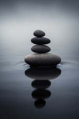 Stone Pyramid in Foggy Early Morning, Pebbles Balance Pile, Harmony Zen Stones, Balance Stack, Sea Pebble Pyramid, Relaxation and Peace Concept, Abstract Generative AI Illustration