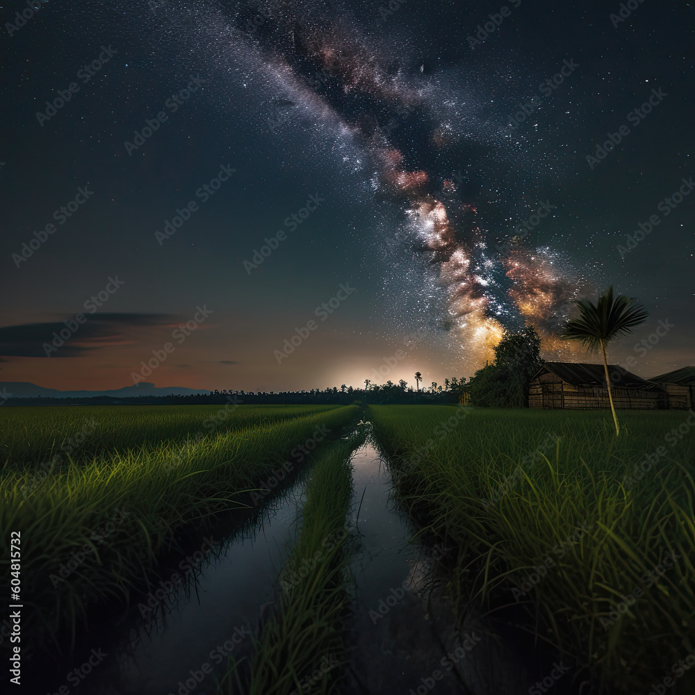Wall mural starry night serenity: captivating milky way over a tranquil paddy field created using generative ai