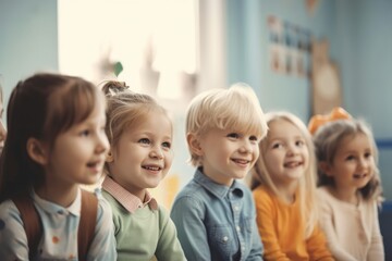 Happy kids sitting together in a class room. Generative ai