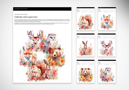 Bimonthly 2024 Calendar with Watercolor Illustrations of Forest Animals AI generated	