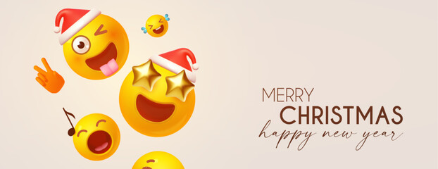 Fototapeta premium Merry Christmas and Happy New Year funny design template with smiling Santa Claus faces. Happy holidays.