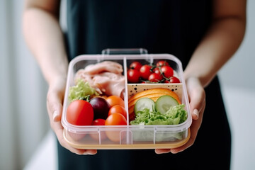 A person holding a plastic container filled with food. Generative AI.