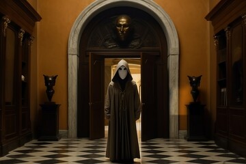 Naklejka premium Masked figure standing at the entrance of a secret society, capturing the secrecy and exclusivity. Generative Ai