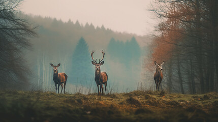 Deer in a field with trees in the background