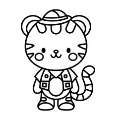 Cute kawaii camping tiger cartoon character outline icon