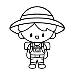 Cute kawaii camping boy cartoon character outline icon