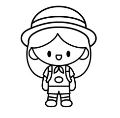 Cute kawaii camping girl cartoon character outline icon