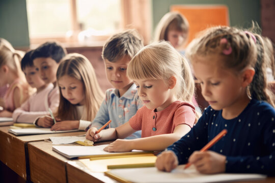 School children sitting at desks in the classroom. Generative ai