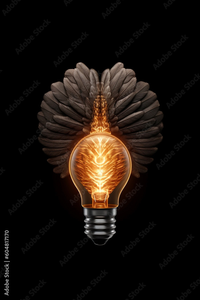 Poster A captivating paper-cut design of a lightbulb with wings, symbolizing the freedom and transformative power of ideas when they take flight. Generative AI technology.