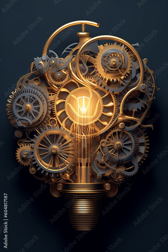 Poster A delicate paper-cut artwork of a lightbulb surrounded by swirling gears and clockwork, illustrating the concept of time and how creativity can drive progress and change.  Generative AI technology.