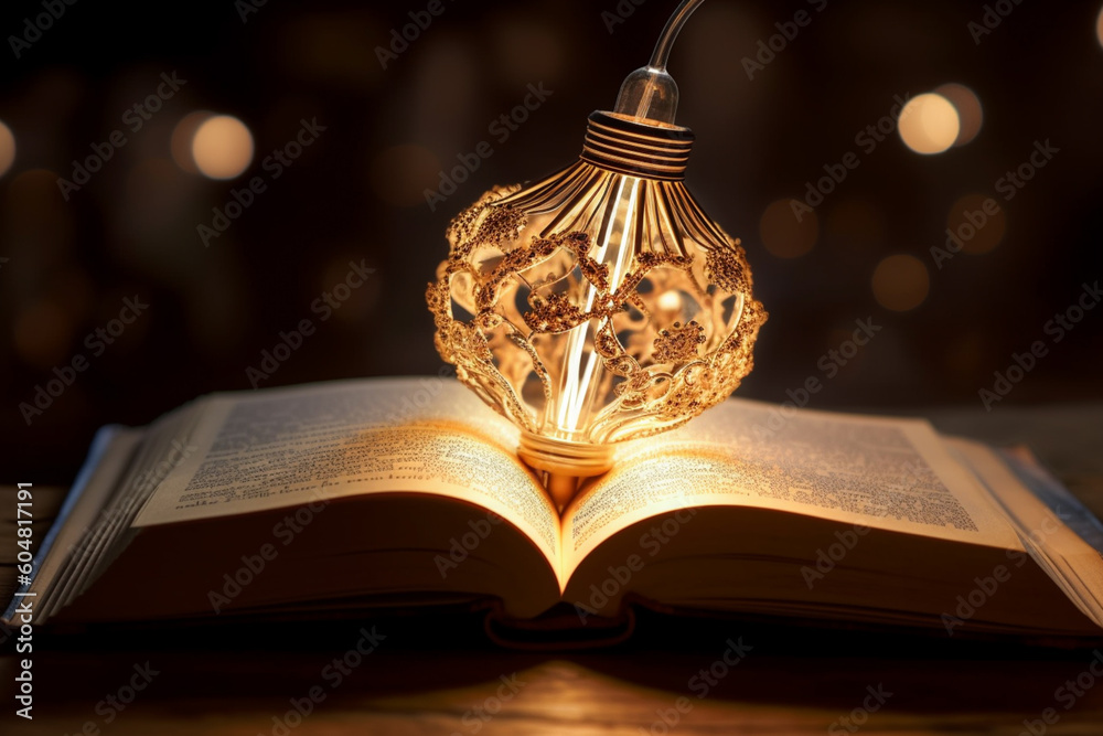 Poster an intricate paper-cut scene of a lightbulb emerging from the pages of an open book, symbolizing the