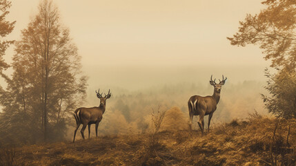 Fototapeta na wymiar Deer in a field with trees in the background