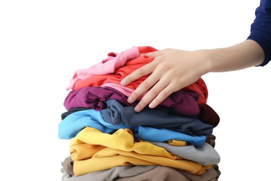 Hand pick up a clothes in pile of colorful clothes on transparent background. Generative Ai