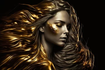 Wanddecoratie Zwart goud Model girl with golden make-up and long golden hair, on a black background. Golden glowing skin and flowing hair. art portrait, Generative AI  © inna717