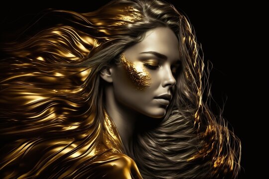 Model girl with golden make-up and long golden hair, on a black background. Golden glowing skin and flowing hair. art portrait, Generative AI