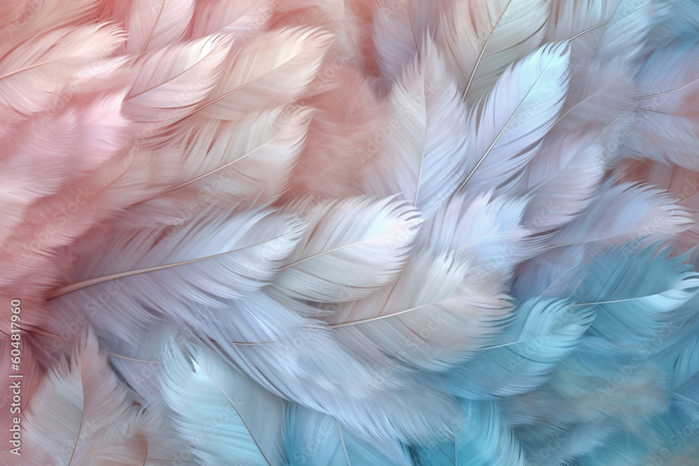 Poster A delicate and ethereal feather background pattern texture, with translucent feathers overlapping each other,  Generative AI technology.