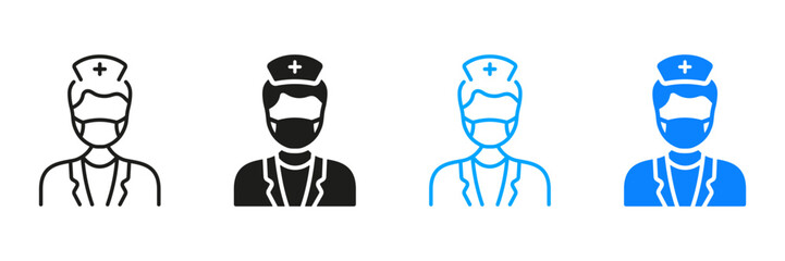 Dental Surgeon Sign. Dentist Man Pictogram Collection. Physician Specialist, Orthodontist, Endodontist Symbol. Dental Doctor in Face Mask Silhouette and Line Icon Set. Isolated Vector Illustration