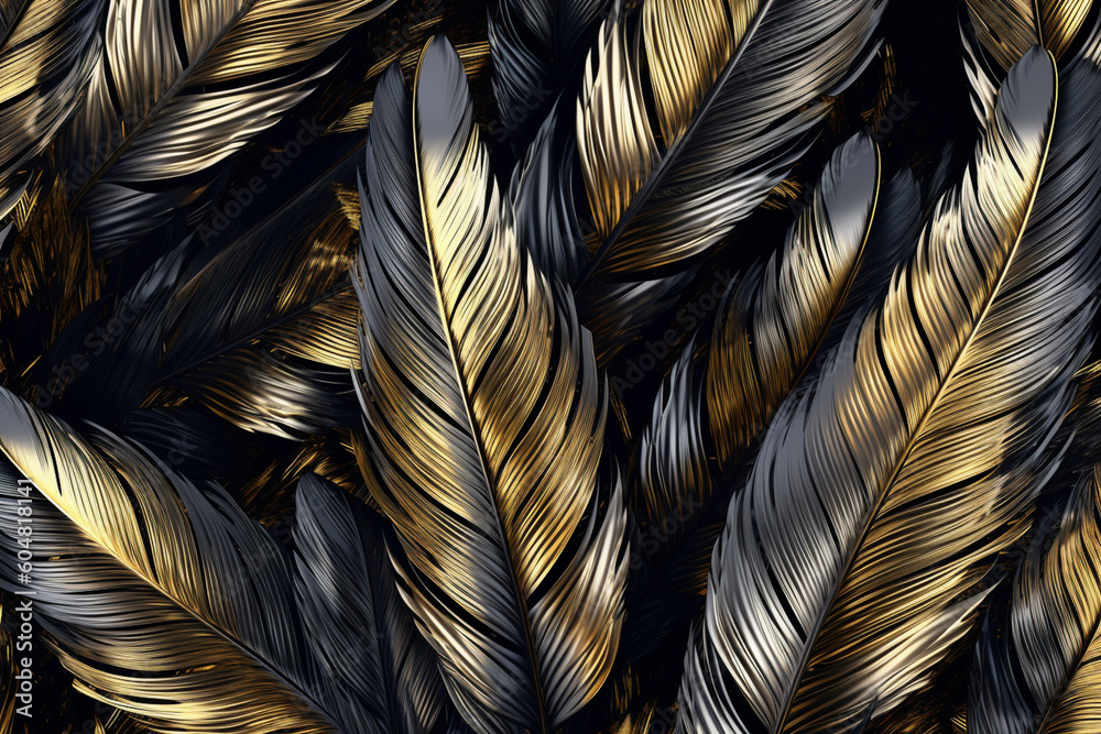 Poster A modern and sleek feather background pattern texture, with feathers in metallic tones and geometric shapes, Generative AI technology.