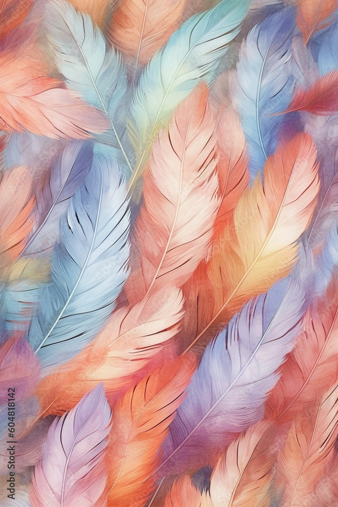 Poster a watercolor-style feather background pattern texture, with soft and blended hues, generative ai tec