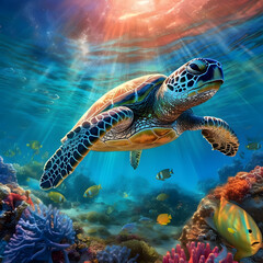 Fototapeta premium Sea turtle or marine turtle swimming in ocean. AI generated