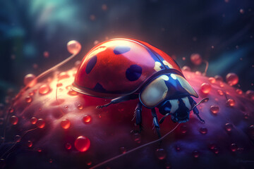 A ladybug sitting on top of a red apple. Generative AI.
