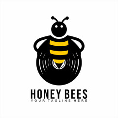 Honey bee logo design with recording disc. Unique honey bee logo.