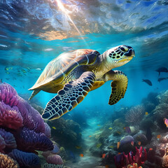 Naklejka na ściany i meble Sea turtle or marine turtle swimming in ocean. AI generated