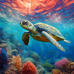 Sea turtle or marine turtle swimming in ocean. AI generated