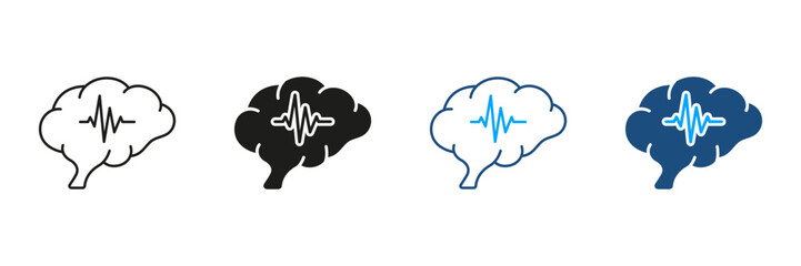 Brain Activity Diagnostic Black Symbol Collection on White Background. Human Brain with Wave Silhouette and Line Icons Set. Medical Neurology Science Pictogram. Isolated Vector Illustration