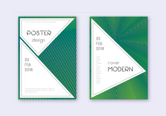 Stylish cover design template set. Green abstract lines on dark background. Fancy cover design. Fascinating catalog, poster, book template etc.