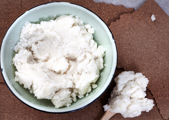 Traditional South African staple, pap or maize meal. Plain in an enamelware bowl. An only meal in time of poverty.