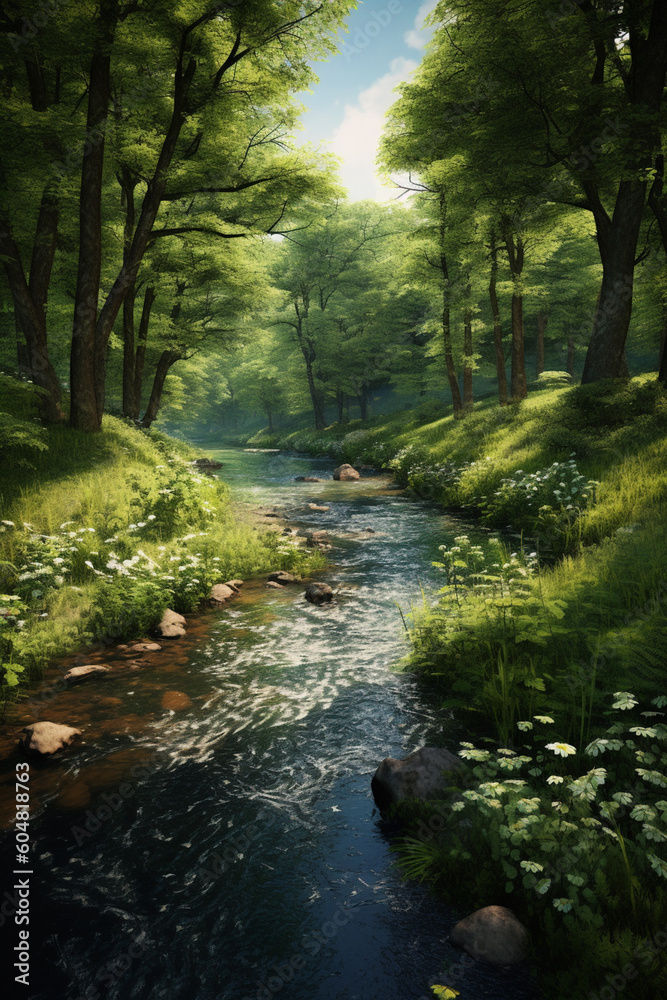 Aufkleber a tranquil image of a peaceful river flowing through a lush forest, inviting a sense of serenity and
