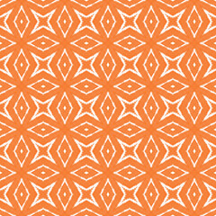 Exotic seamless pattern. Orange symmetrical kaleidoscope background. Summer swimwear exotic seamless design. Textile ready majestic print, swimwear fabric, wallpaper, wrapping.