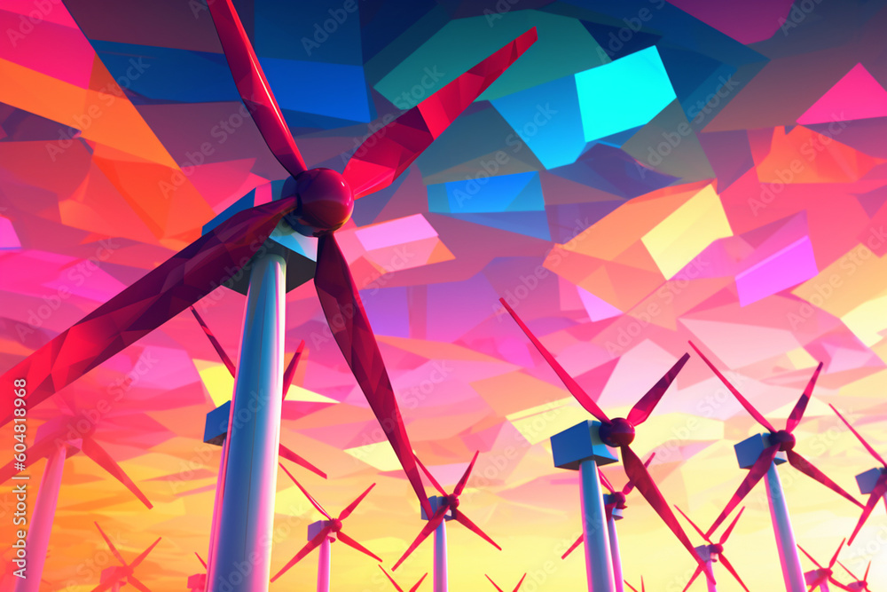 Aufkleber An abstract illustration of wind turbines as sleek and modern structures against a colorful sunset sky, symbolizing progress and sustainable energy. Generative AI technology.