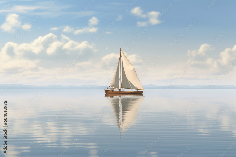 Poster a sailboat gliding across a tranquil lake, propelled by a gentle breeze, representing the harmony be