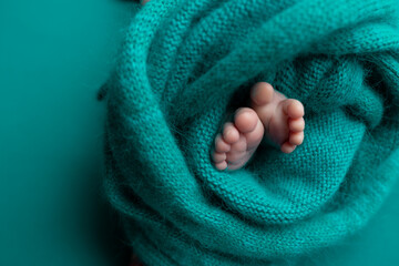A baby's feet are wrapped in a teal blanket.