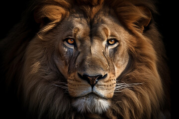 Lion portrait on a dark background. AI generated