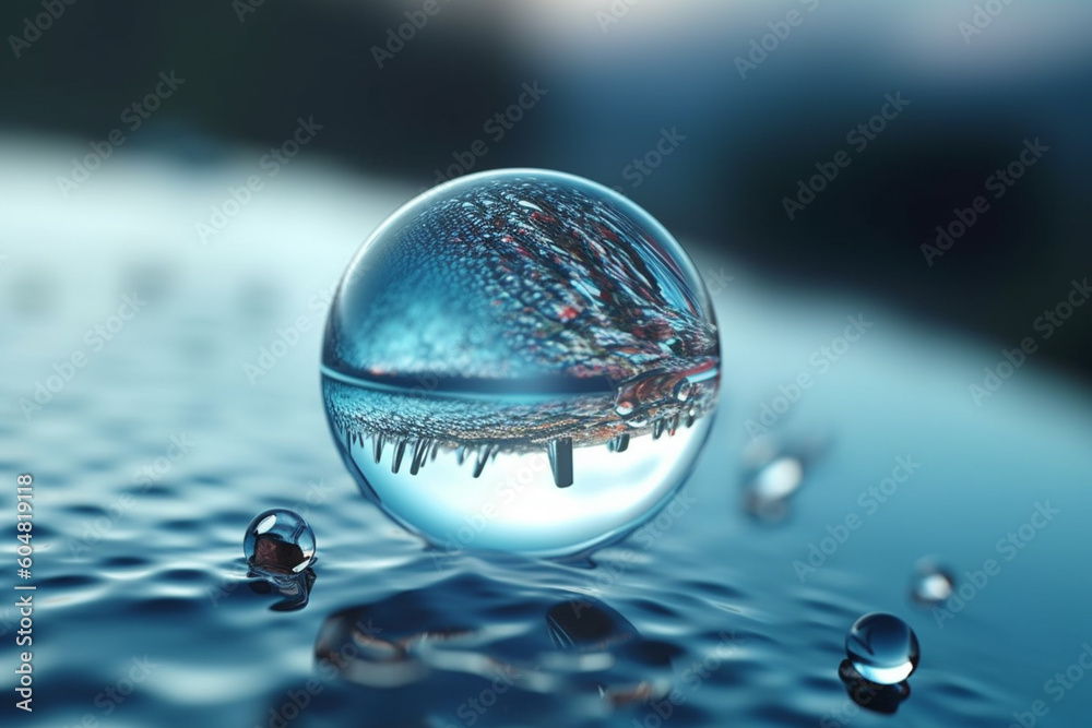Poster a frozen water droplet, capturing the moment when water transforms into a beautiful ice formation. g