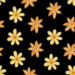 Autumn flowers seamless pattern. Hand drawn watercolor yellow and orange flowers on black background. Floral allover print